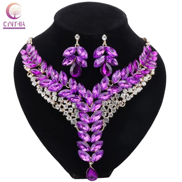 Brincos de colar de cristal roxo Conjunto de jóias do vestido de noiva de festas de noiva para festas de noiva Acessórios para joias de festa