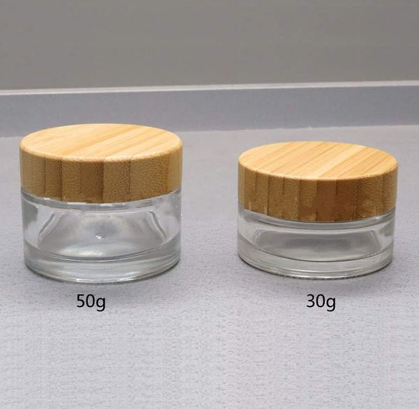 Barattolo di vetro da 30g 50g con coperchio per bottiglie di bambù Vasetti di crema vuoti Contenitori per imballaggio cosmetico Pentola per contenitore per crema per le mani