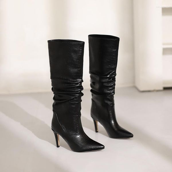 Botas moda moda de couro de couro macio de salto alto plataforma quente mulher luxuosa inverno zapatos mujer preto marrom branco