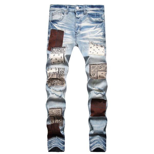 Мужские джинсы в европейском стиле Jean Hombre Patch Мужские лоскутные рваные вышивки для трендовых брендовых мотоциклетных брюк Мужские узкие