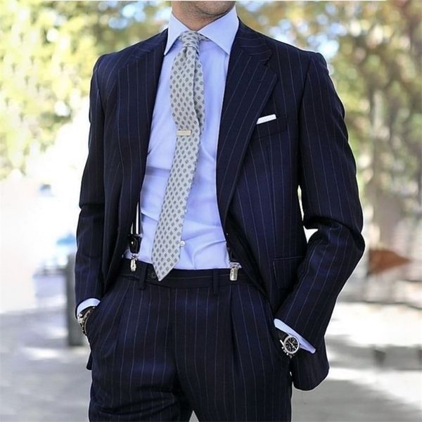 Mens Suits Blazers lacivert Pinstripe Mens Suits Slim Fit 2 Parça Ceket Pantolon Set Erkek İş Blazer Resmi Damat Düğün Smokin Kostüm Homme 220927