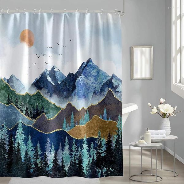 Tende da doccia Foresta nebbiosa Paesaggio Tenda Albero verde Nebbia Natura Decor Tessuto Sun Rise Scenario Bagno con ganci