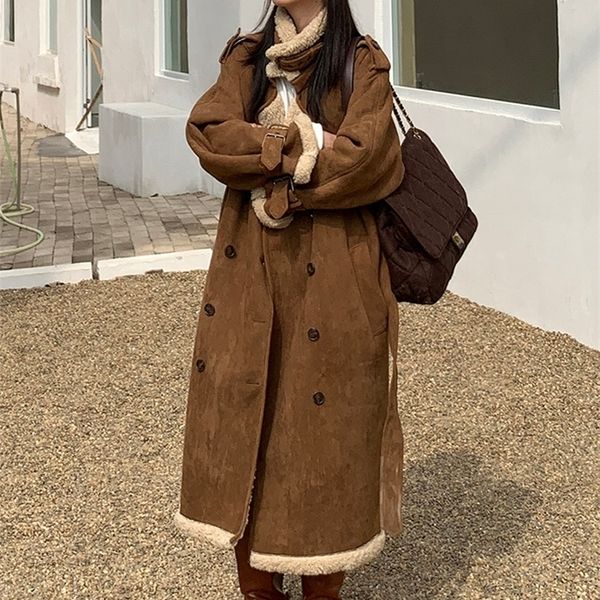 Женские плащи Lautaro, зимний длинный коричневый большой толстый теплый плащ из искусственной овчины для женщин, двубортное пальто с поясом на флисовой подкладке 220926