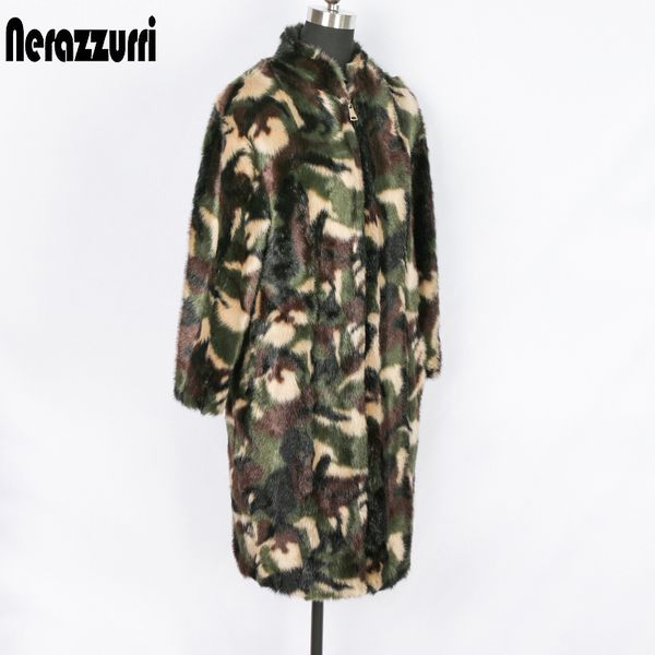 Pelliccia da donna Pelliccia sintetica Nerazzurri Cappotto invernale lungo in pelliccia sintetica da donna Giacca militare mimetica oversize Calda giacca morbida morbida da donna con cerniera 220927