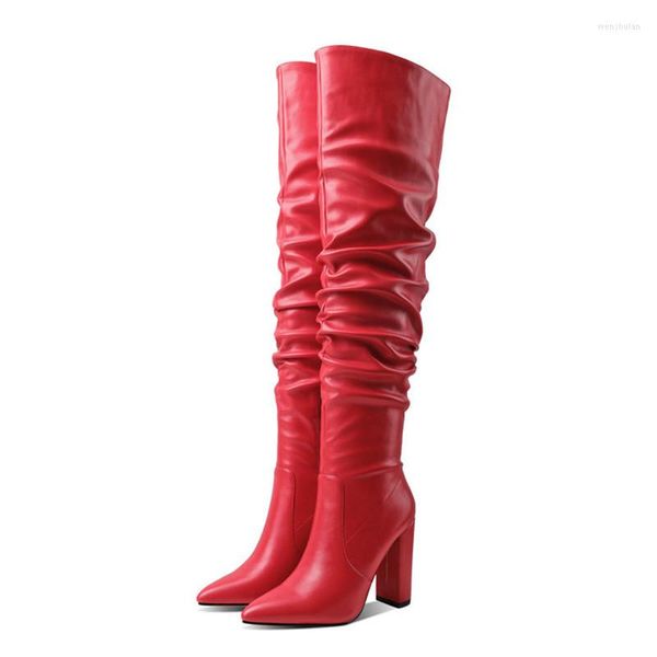 Stiefel Schwarz Rot Sexy Overknee Frauen High Heels Schuhe Damen Oberschenkel Winter Leder Lange Weibliche Schuhgröße 43