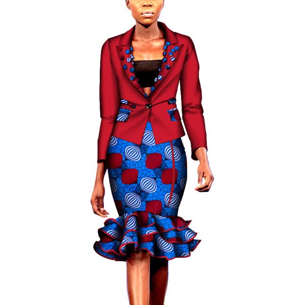 Bintarealwax Mulheres África Vestido de duas peças Casual Bloups Knee Allied Skirt Business Feminino Salia Formulada Conjuntos WY7352