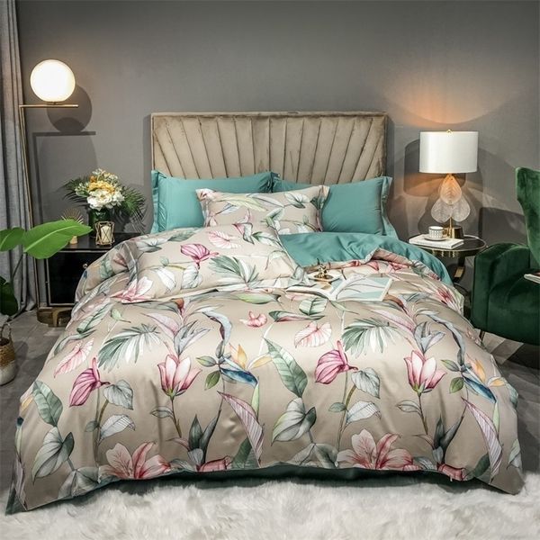 Set di biancheria da letto Set copripiumino di lusso in cotone egiziano Set di biancheria da letto con stampa di foglie di albero di fiori vibranti Queen King con federe per lenzuolo con cerniera 220924