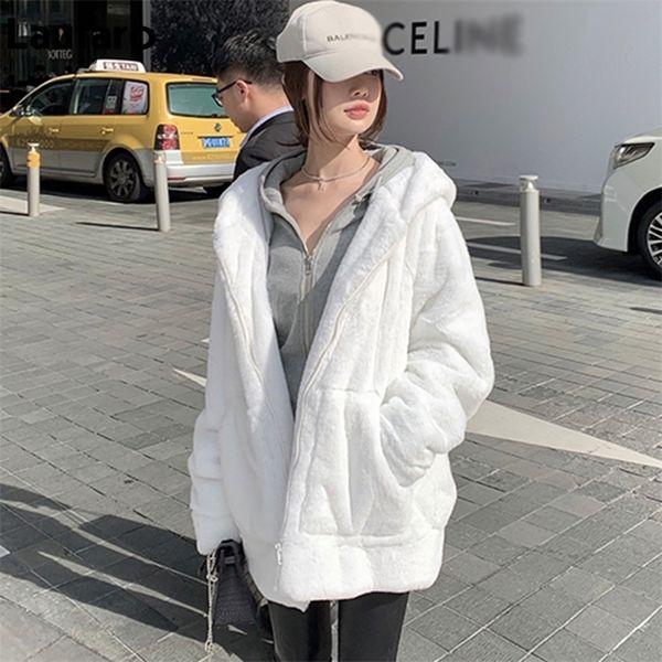 Giacche da donna Lautaro Bianco caldo oversize in pelliccia sintetica Felpa con cappuccio Manica lunga Cerniera Abiti invernali Soffici giacche per donna Streetwear 220926