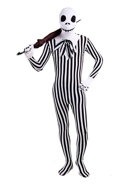 Catsuit Facull Skull Black and White Vertical Stripes Halloween Cosplay Padrão de impressão de macacão LyCar Full Bodysuit Zentai Suiti