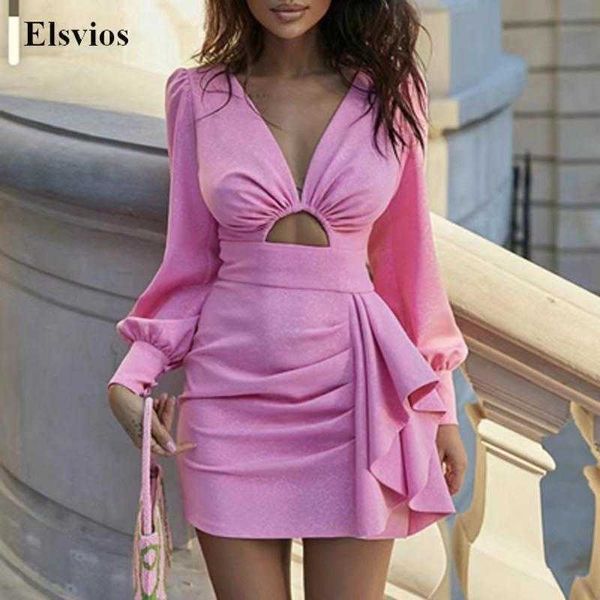 Abiti casual sexy a V Neck Out BodyCon Dress Women Women Fashion Ruffle Slim Office Dress Abito elegante Mini abito solido 2022 T220905