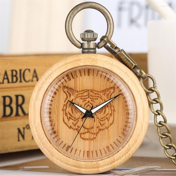 Orologi da tasca Orologio in legno di bambù naturale Lancette luminose intagliate quadrante con faccia di tigre Fob in bronzo Orologio al quarzo con ciondolo vintage regalo