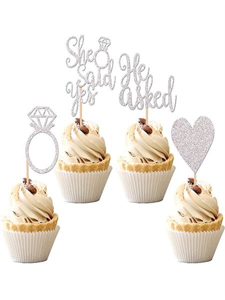 Decorazione per feste Ha chiesto a lei ha detto di sì Cupcake Toppers Anello di diamanti Cuore Torta Picks per decorazioni per feste di fidanzamento di nozze