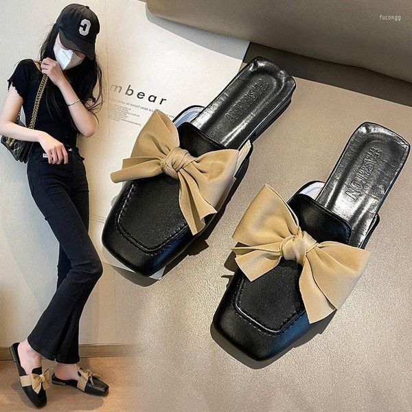 Slippers 2022 Spring Ladies Bowknot Girls Casual Casual Casual Sapatos femininos Cap metade versátil confortável comércio exterior