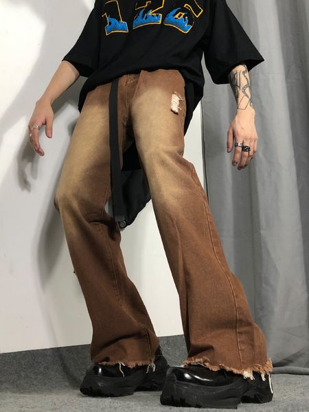 Jeans masculinos Houzhou calças rasgadas de bootcut angustiadas para calças de jeans vintage masculino buraco japonês de streetwear hop 220927