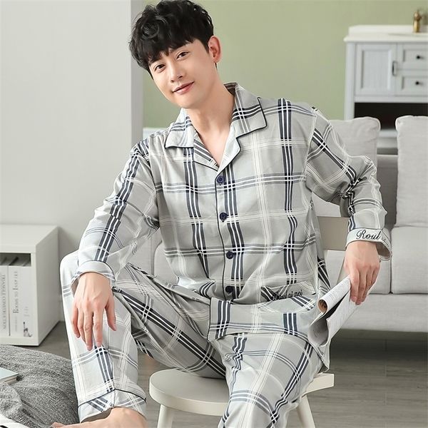 Herren-Nachtwäsche-Pyjama-Set, voller Baumwolle, Frühling, Langarm, Druck-Pyjama-Anzug, Herbst-Nachtwäsche, Kragen-Pyjama, männlich, zweiteilig, 4XL 220924