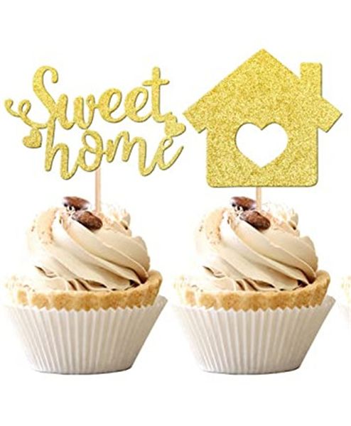 Decorazione per feste all'ingrosso Sweet Home Cupcake Toppers Gold Glitter key Cupcakes per l'inaugurazione della casa Picks New Theme Cake Decorations Supplies