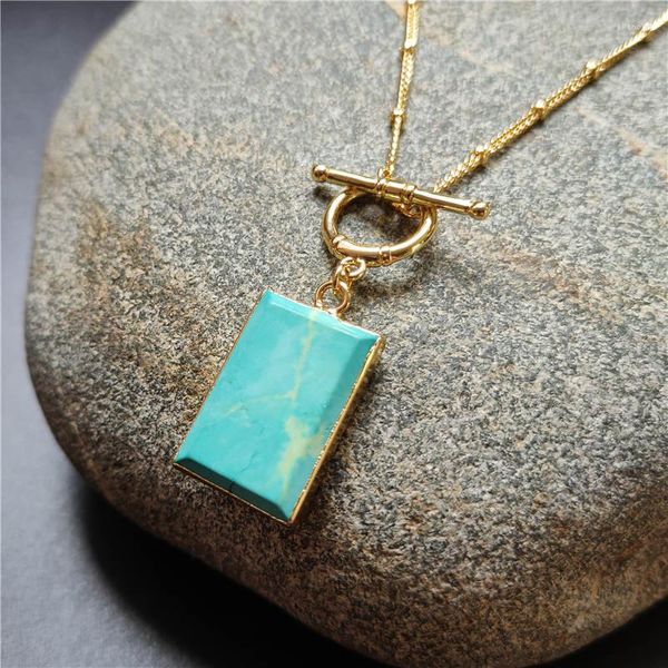 Correntes Fuwo Escritado Quadrado Turquoizes Pescoço Blue-Green Stone com Gold Satellite OT Colar Colar para Mulheres NC100 5Pieces/lote