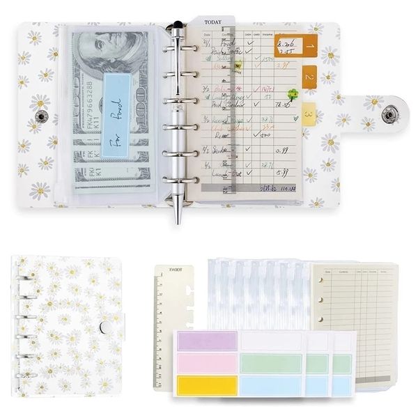 Notas de notas A7 Clear Daisy Binder Notebook Orçamento de dinheiro envelopes Organizador do planejador com bolsos Reabastecedor de papel