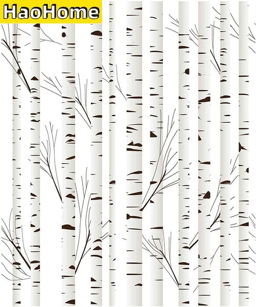 Tapeten HaoHome Schwarz-weißer Birkenbaum zum Abziehen und Aufkleben, handgemaltes Aquarell, selbstklebendes, vorgeklebtes Wandbild 220927