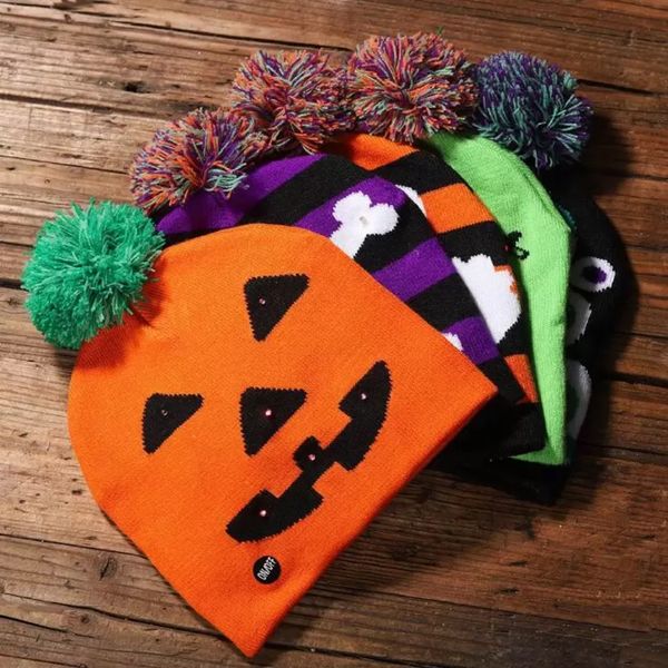 Led Halloween Cappelli lavorati a maglia per zucca Berretto con teschio in acrilico Bambini Baby Moms Berretti caldi Berretti invernali all'uncinetto regalo di decorazioni per feste WLY935