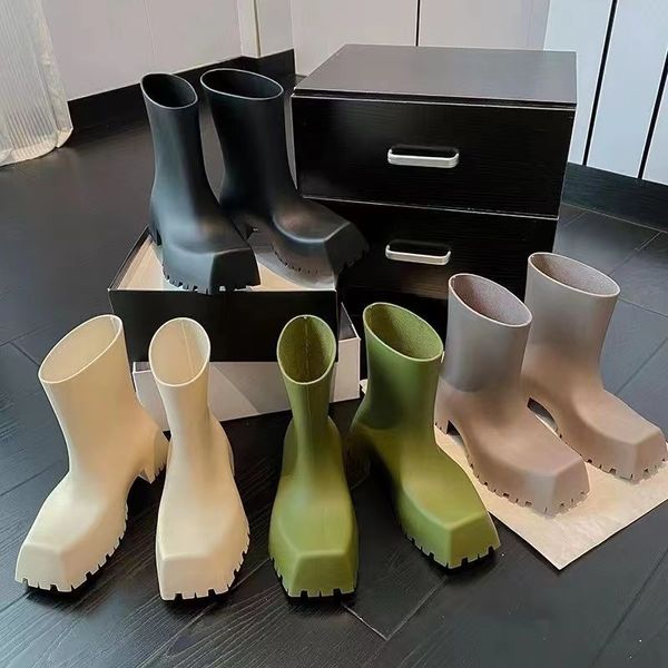 Neue Damenstiefel, Luxus-Designer-Regenstiefel mit hohen Absätzen, Gummi-Gelee-Schuhe mit dicken Sohlen, quadratische Zehen, dicke Absätze, flach, für den Außenbereich, wasserdicht, rutschfest, Candy-Leder, 35–40