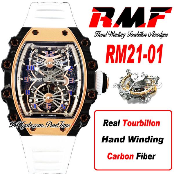 21-01 Real Tourbillon Aerodyne carica manuale orologio da uomo RMF cassa in fibra di carbonio oro rosa quadrante scheletro cinturino in caucciù bianco orologi Super Edition Puretime D4