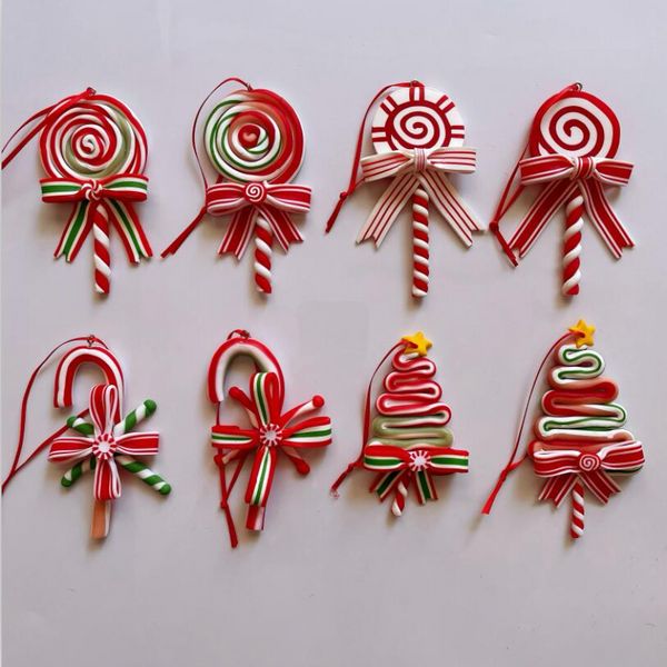 DHL Christmas Tree Decoration Ornament simulou argila macia Lollipop Red Candy Cane Tree Pingents Xmas 2023 Decora￧￣o para casa B0927