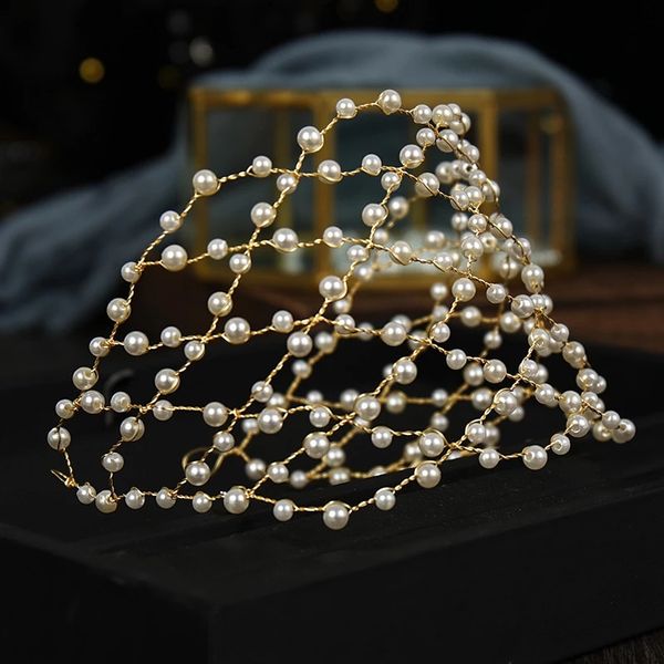 Coroas de p￩rolas de ouro barroco vintage para as noivas Tiaras Bids Bands Bandas de Casamento Madeira Acess￳rios para Cabelos de Cabelo