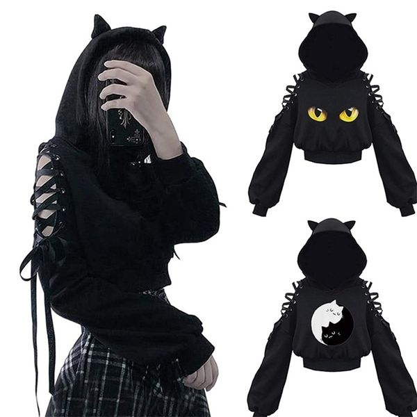 Kadın Hoodies Sweatshirts Kadın Uzun Kollu Hoodies Kawaii Kedi Kulakları Hoodie Gotik Punk Harajuku Soğuk Shouler Bandage Gotik Siyah Sweatshirts 220926