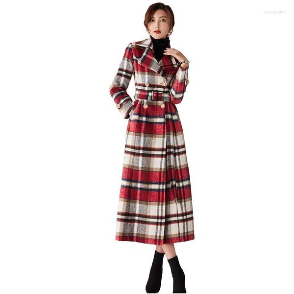 Trench da donna Giacca da donna Temperamento alla moda Maniche lunghe Cappotto di lana scozzese rosso 2022 Risvolto F500 da donna di media lunghezza