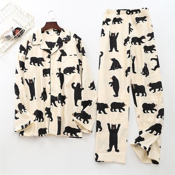 Menas de sono masculinas Branco branco Urso 100 escovado algod￣o Pijama Conjunto de outono de moda casual animal sono menores de casa