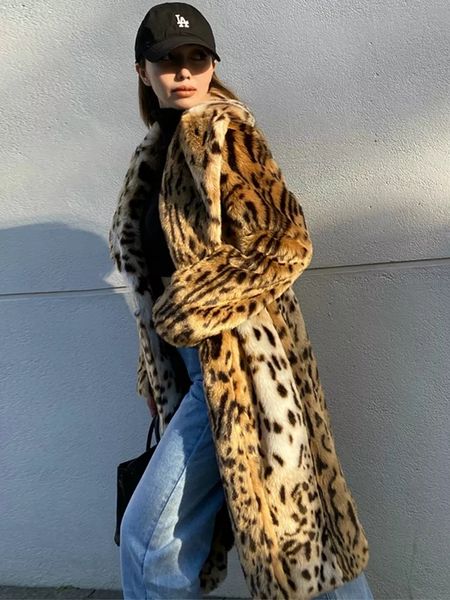 Womens Fur Faux Winter Long Warm Thick Leopard Fluffy Trench Coat Women Print Jacket Loose Luxury Designer Outwear femminile 220927