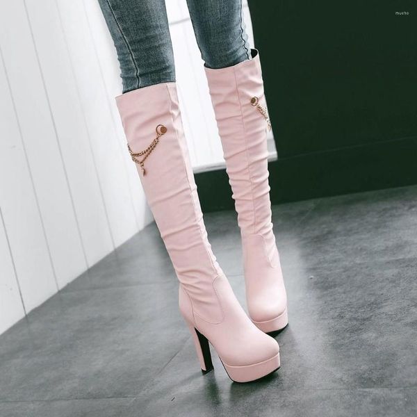 Botas PU Couro Macio Sobre o Joelho Salto Plataforma Quente Inverno Quente Pelúcia Mulher Bota Longa Moda Branco Rosa Fetiche Sapatos de Festa