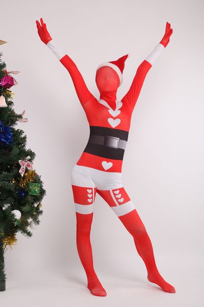 Weihnachts -Cosplay -Kostüm Santa Claus Catsuit Druckmuster Lycar Ganzkörper Zentai Anzug Stufe Kostüme Club Party Jumpsuit