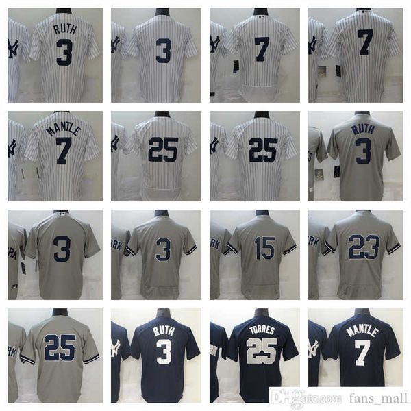 2022–23 Neues Baseball-Trikot, genäht, 3 Babe, 7 Mickey Ruth Mantle, 15 Thurman, 23 Don Munson, Mattingly, 25 Gleyber Torres, Trikots, Herren, Größe S–XXXL, Zuhause, Auswärts, Grau, Weiß