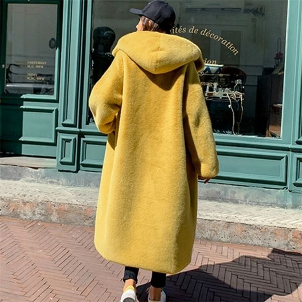Mulheres misturas de lã com capuz imitação de cabelo de vison jaqueta longa casaco de inverno mulheres pele de coelho falsa solta grossa quente 220926