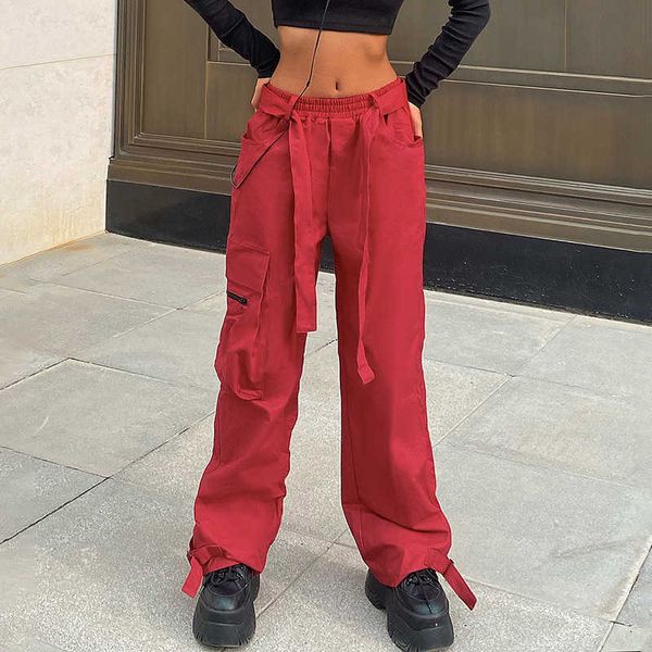 Pantaloni da donna Capris Summer Solid Red Hip Hop Donna Ragazze Pantaloni larghi Cargo Streetwear Pantaloni a vita bassa T220926