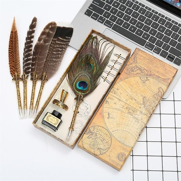 Brunnenstifte und einzigartige natürliche Pfauen Feather Dip Stift Set schreiben Tinte Luxusbox Anpassbares Weihnachtsgeschenk 220927