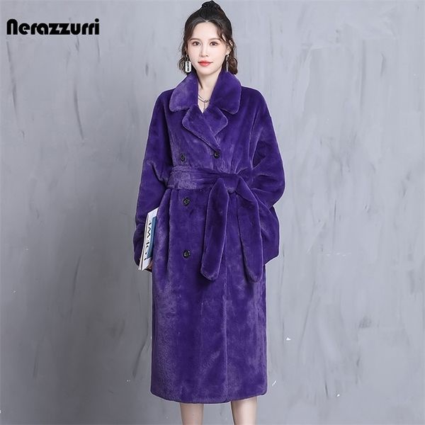 Pelliccia da donna Pelliccia sintetica Nerazzurri Inverno Oversize Viola Caldo Soffice Morbido Cappotto in pelliccia sintetica Donna Cintura a maniche lunghe Pista Allentato Casual Moda coreana 220927