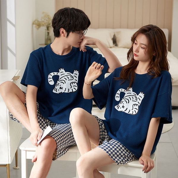 Pigiama da uomo Kawaii Little Tiger Cartoon Coppia Pigiama Set Donna Uomo Estate Cotone Sleepwear Coreano Blu Plaid Manica corta Amanti Homewear 220924