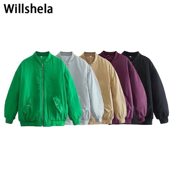 Jackets femininos Willshela Women Moda Moda de grandes dimensões Bomber Jackets Coat With Pockets Front Zipper Vintage O-Gobes Mangas compridas femininas chiques Outwears 220926