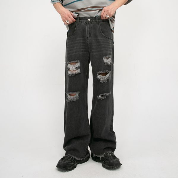 Мужские джинсы Мужчины прямо свободные непринужденные бедные дыры широкие джинсовые штаны мужчина корейская уличная одежда мода хипстерская винтажная брюка 220927