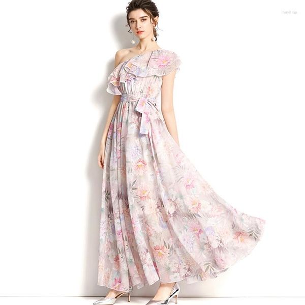 Vestidos casuais Um ombro de ombro plissado com cinto floral Festa longa vestido maxi mulheres verão boho praia sem mangas coreanas senhoras rosa vestido rosa