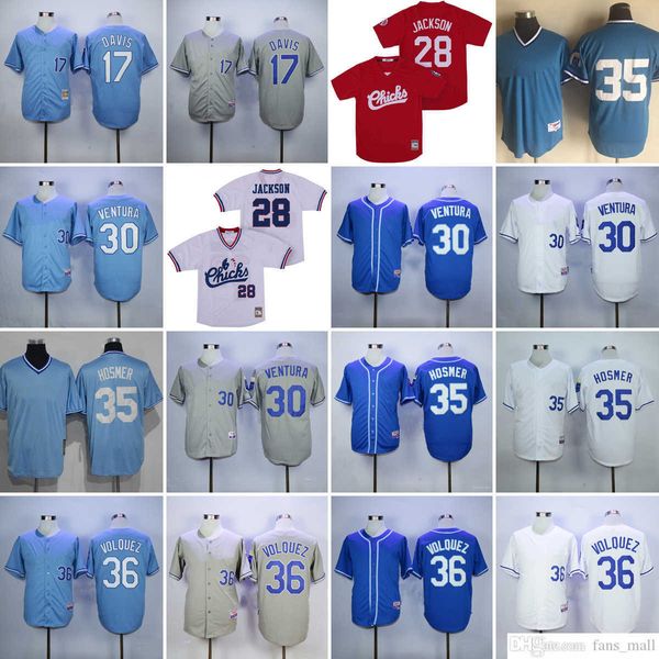 Mitchell und Ness Vintage Baseball 30 Yordano Ventura Trikots NCAA Ed 35 Eric Hosmer 36 Edinson Volquez 17 Wade Davis 28 Bo Jackson Trikot