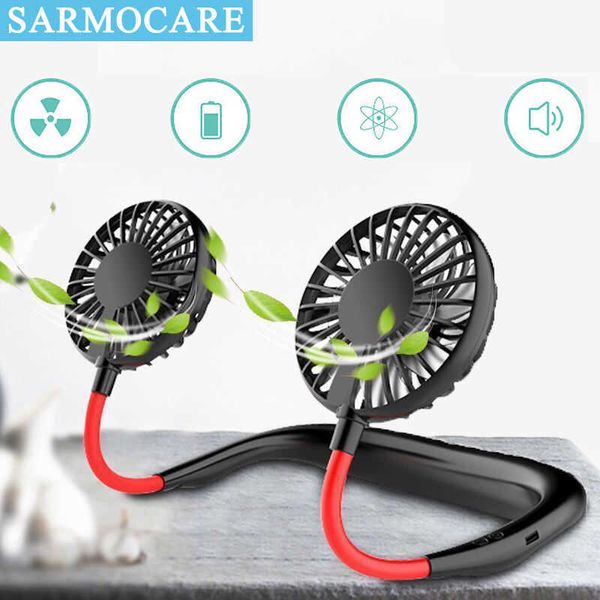 Ventiladores elétricos Banda de pescoço-livre de mãos livres pendurados pendurados USB Recarregável Dual Fan Mini Air Cooler Summer portátil 2000MA Sarmocare T220924