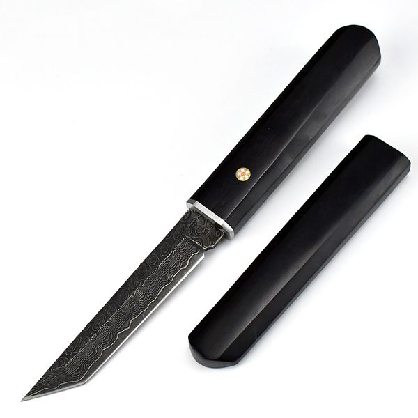 Hot C9273 Survival Coltello dritto VG10 Lama in acciaio di Damasco Ebano con manico in acciaio Lame fisse Coltelli da caccia con fodero in legno