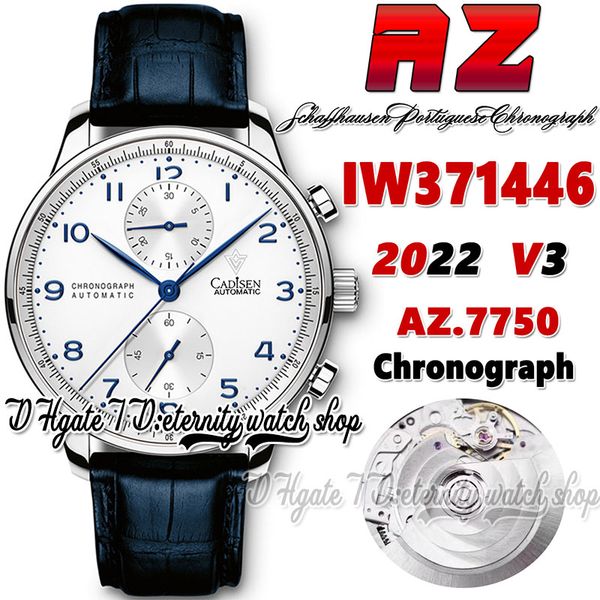 AZF V3 ZF371446 A7750 CRONOGRATO AUTOMÁTICO Mens assistir Dial branco Dial Blue Number Markers Soleteira de couro inoxidável 2022 Super Edition StopWatch Eternity Watches