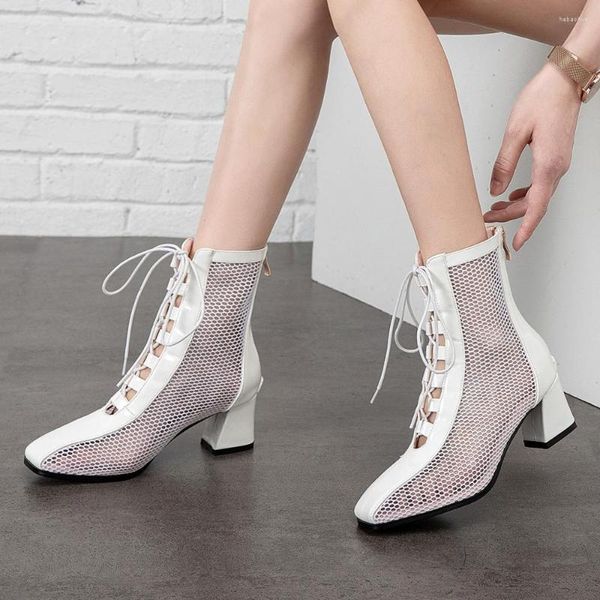 Kleid Schuhe Elegante Weiße Sommerstiefel Quadratische Zehe Dicke Absätze Mesh Cut Out Lace Up Frau Lässige Kreuz Gebunden Bottes Schuhe