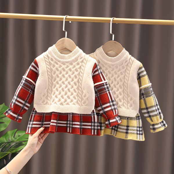 Baby Pullover Pullover Hübsche Prinzessin Herbst Winter Warm Verdicken Volle Hülse Plaid Stricken Bogen Kleider Kleinkind Kinder Mädchen Pullover 6M-5Y 20220927 E3