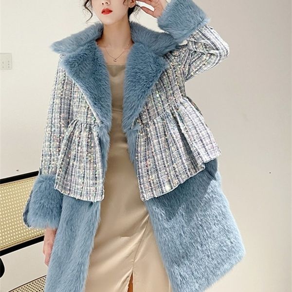 Damenjacken KBAT Vintage Tweed-Jacke Flauschiger Kunstpelzmantel Frauen Kleiner Duft Patchwork Koreanische Woll-Kurzmäntel Elegante Oberbekleidung 220926